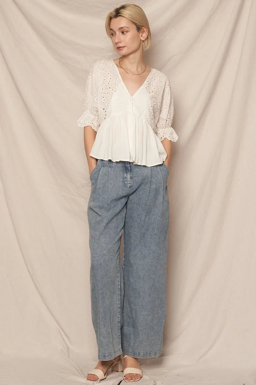 En Crème Sweetheart Daydreamer Top – Cotton Eyelet Puff Sleeve EN CREME