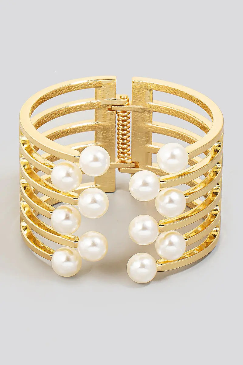 Fame Accessories Ariana Cuff w/Pearls – Modern Gold Hinge Statement Braclete FAME ACCESSORIES