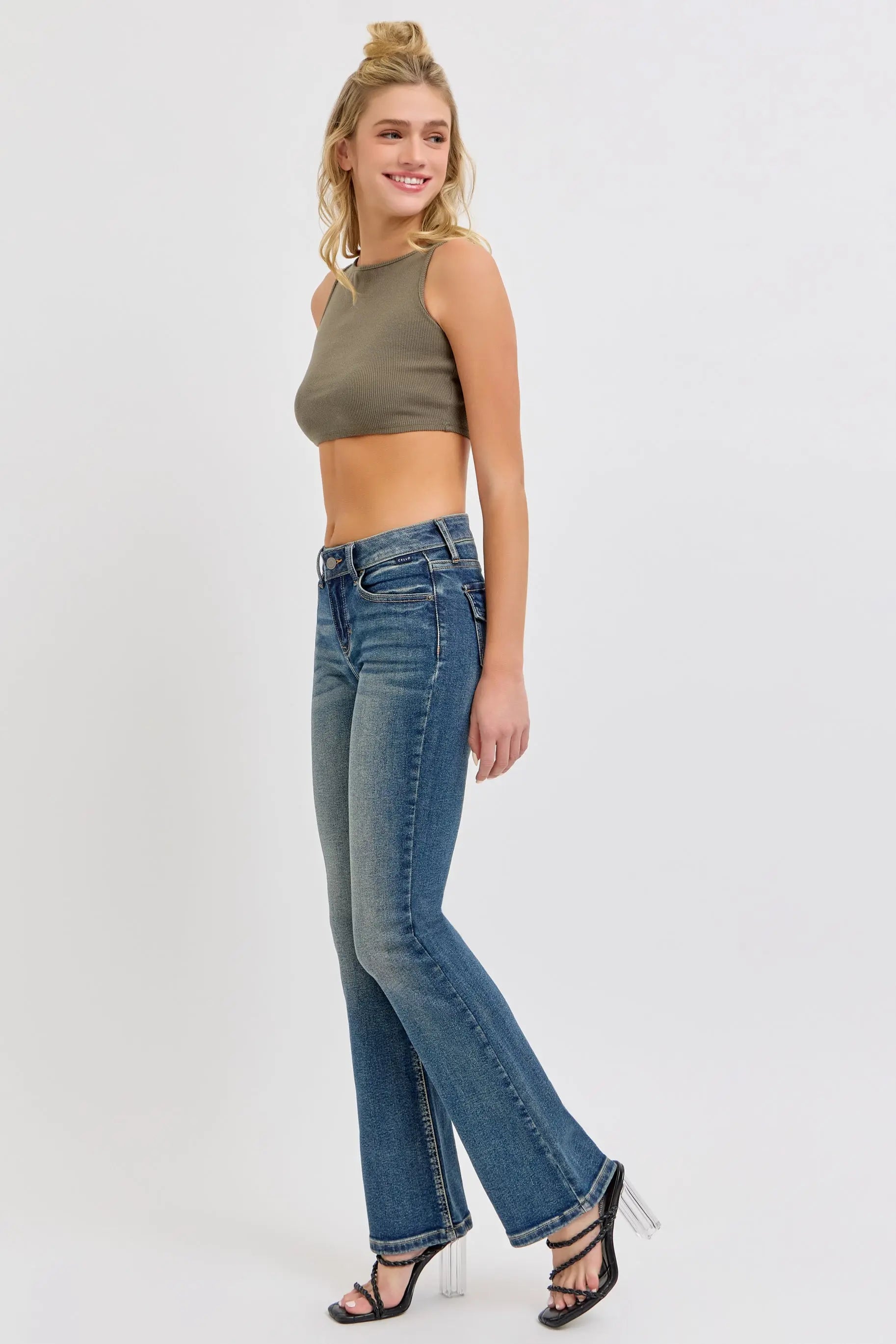 Cello Jeans Mindy Mid Rise Bootcut Jeans – Flattering Dark Wash Denim with Distressed Details WAT? JEANS & CELLO JEANS