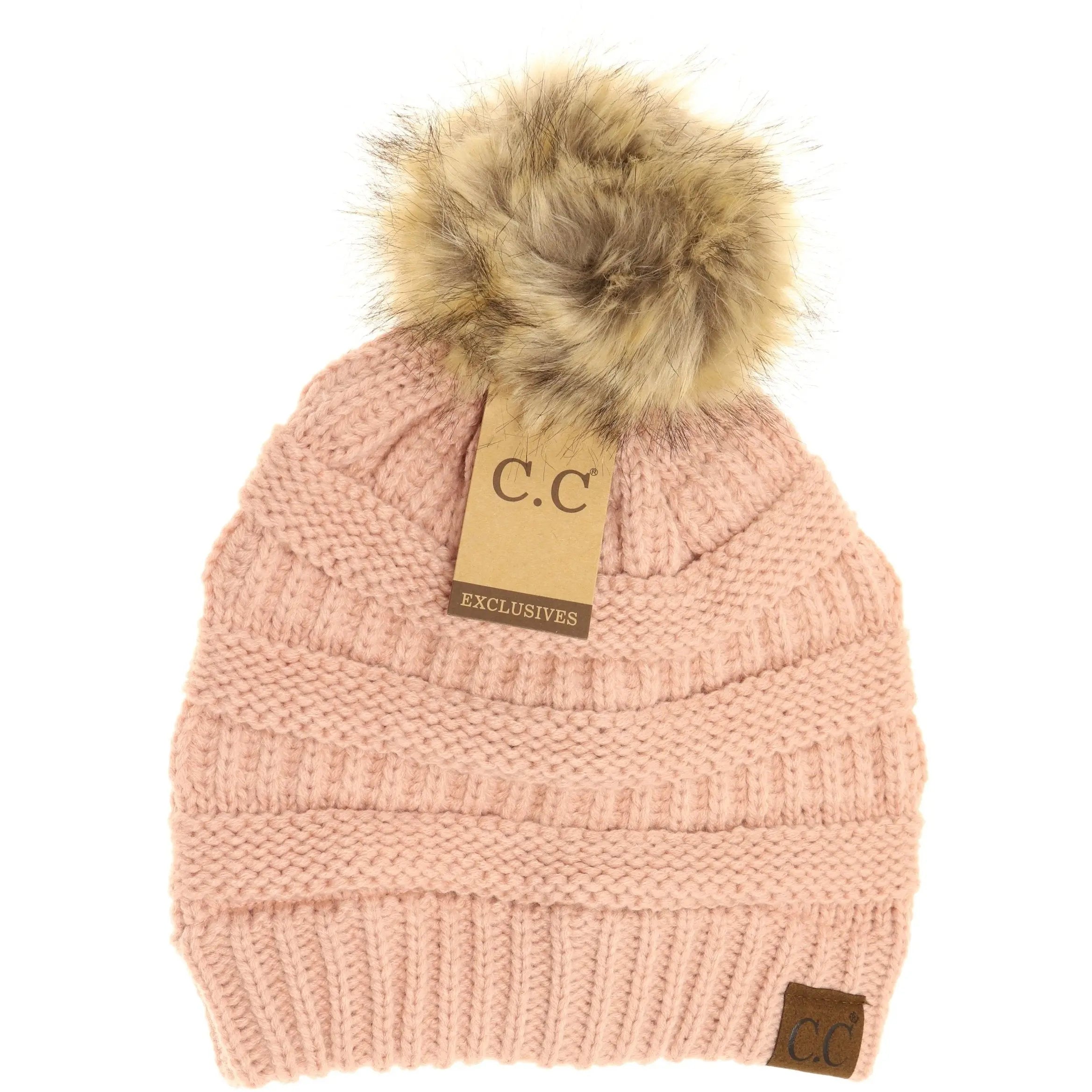 Women’s CC Beanie w/ Fur Pom – Cozy Knit with a Chic Touch