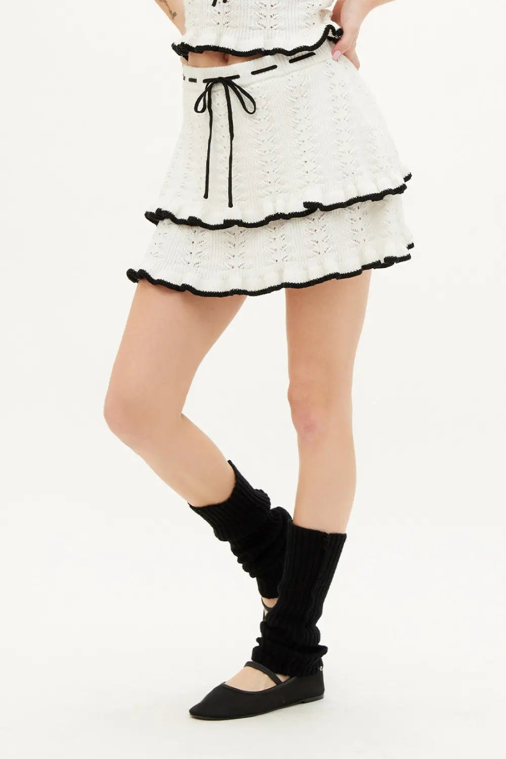Illa Illa Sweet Life Skirt – Pointelle Knit Ruffle Mini with Contrast Tie ILLA ILLA
