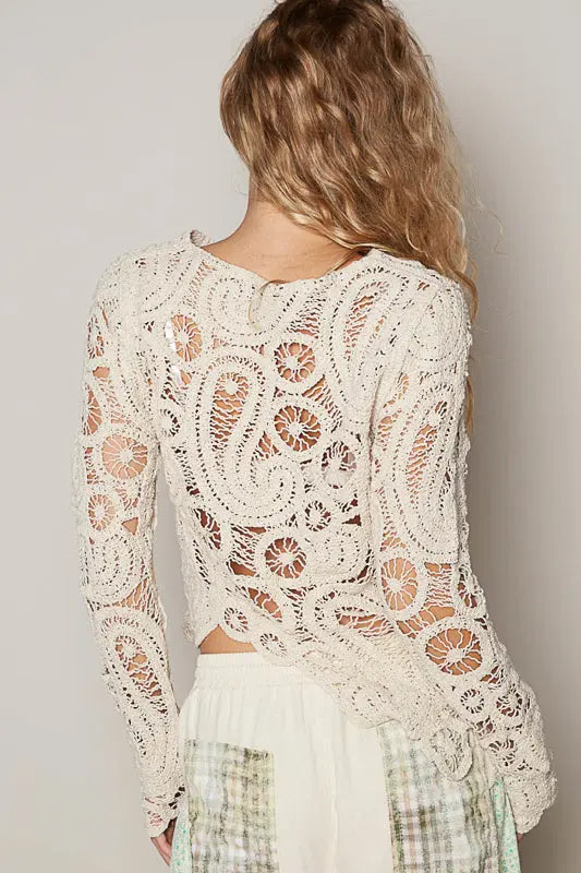 Pol Clothing Inc. Rene Crochet Top – Long Sleeve Cotton Knit with Asymmetrical Hem POL CLOTHING, INC
