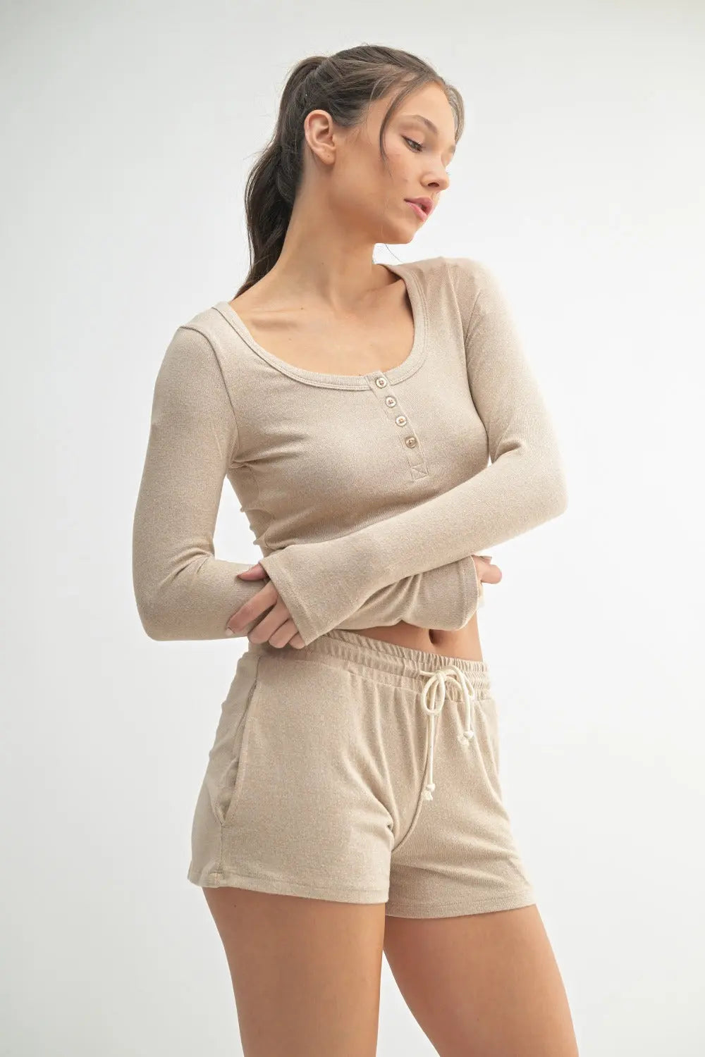 Mono B Billie Top – Brushed Hacci Henley Crop Top MONO B