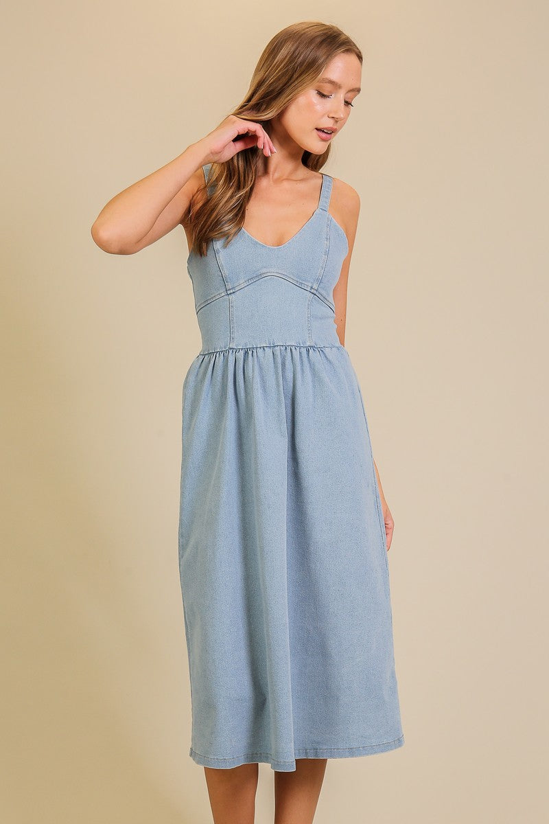 Everleigh Midi Dress by Timing – Stretch Denim Fit & Flare Dress LIGHT WASH / M