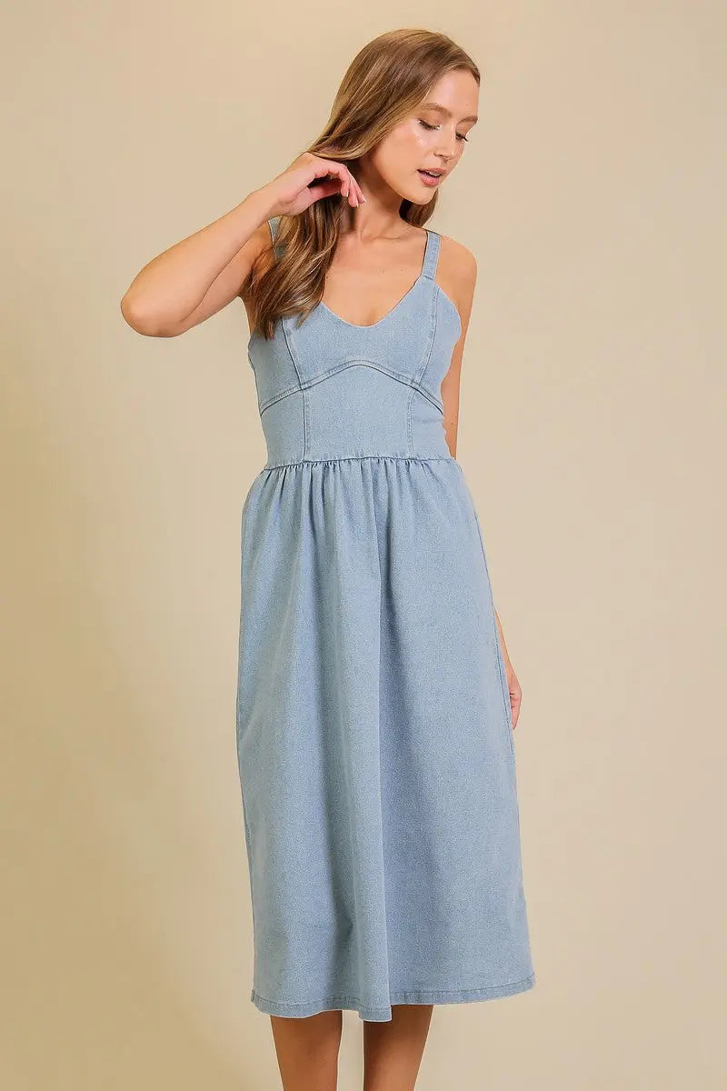 Timing Everleigh Midi Dress – Stretch Denim Fit & Flare Dress TIMING INC