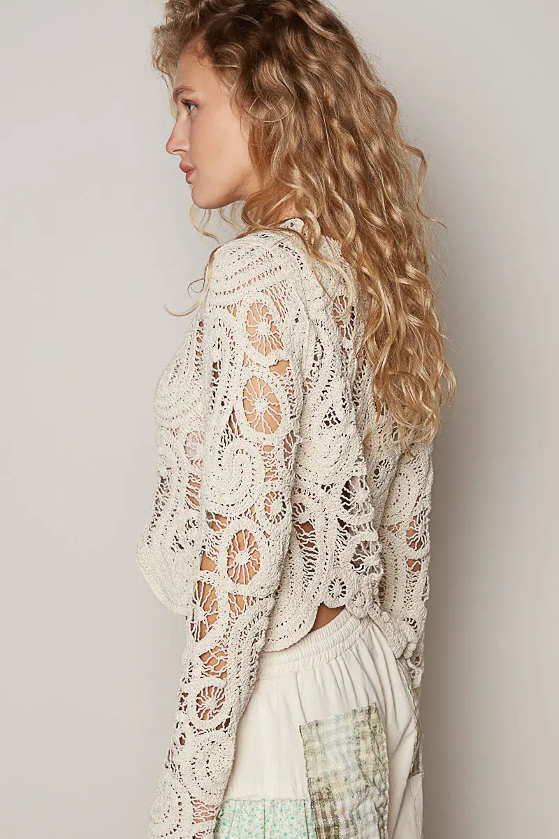 Pol Clothing Inc. Rene Crochet Top – Long Sleeve Cotton Knit with Asymmetrical Hem POL CLOTHING, INC