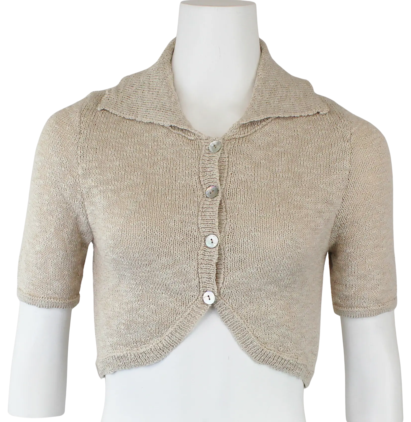 En Crème Mimi Crop Top – Button-Up Knit Collared Short Sleeve Top TAUPE-L EN CREME