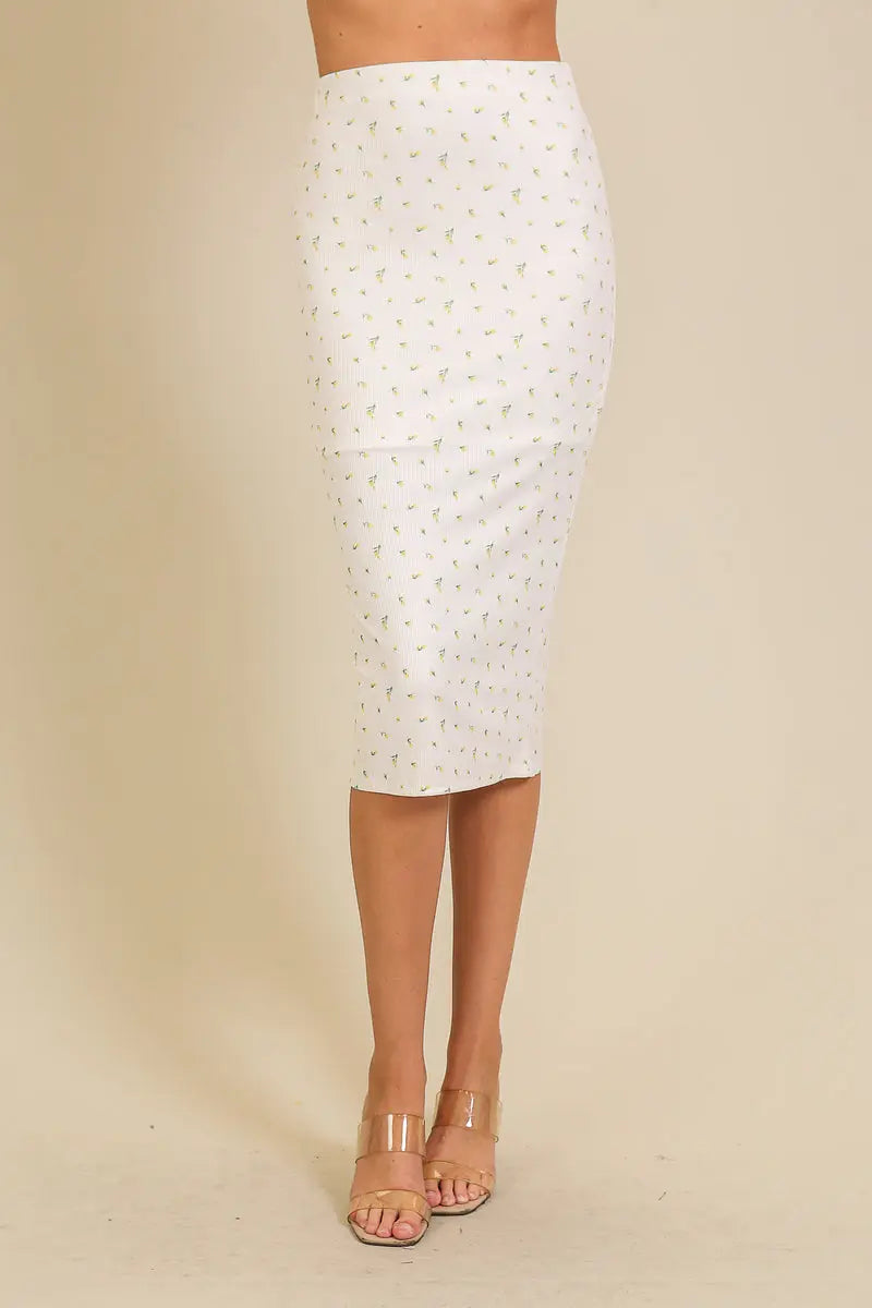 Timing Inc. Summer Time Fine Skirt – Ribbed Knit Midi with All-Over Print YELLOW-L TIMING INC