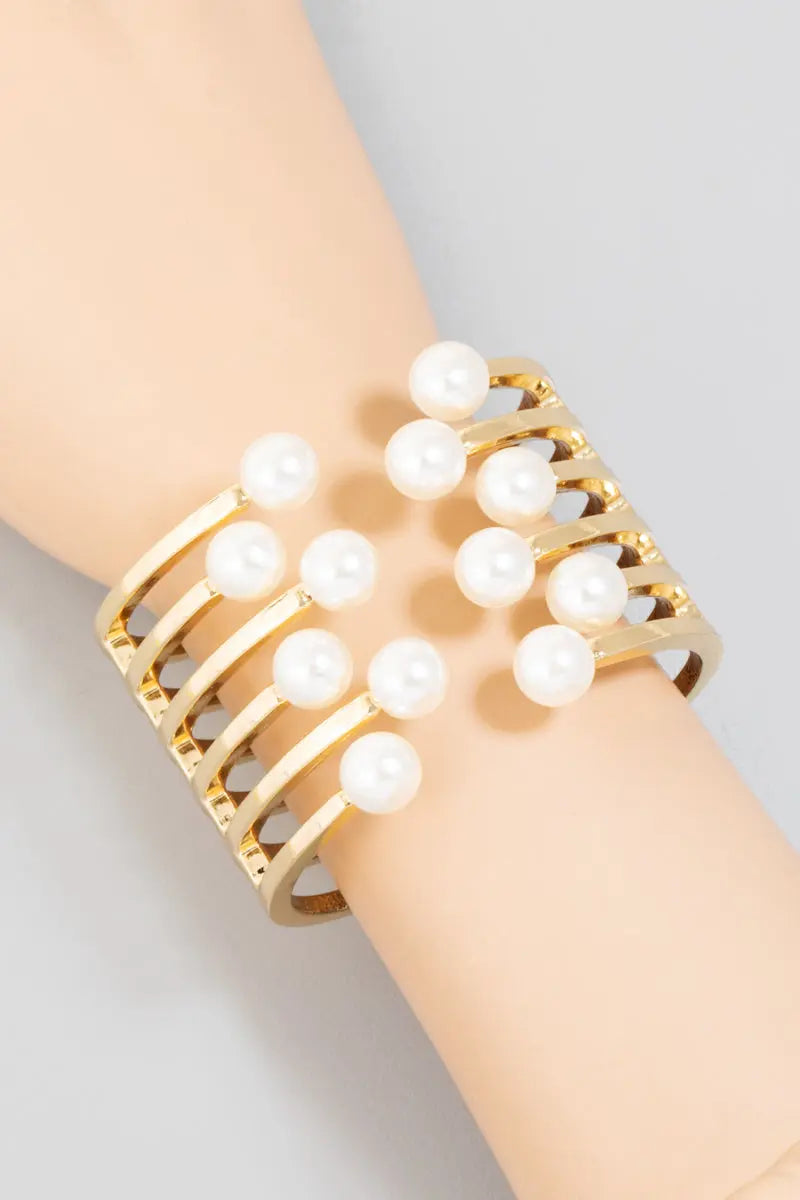 Fame Accessories Ariana Cuff w/Pearls – Modern Gold Hinge Statement Braclete FAME ACCESSORIES