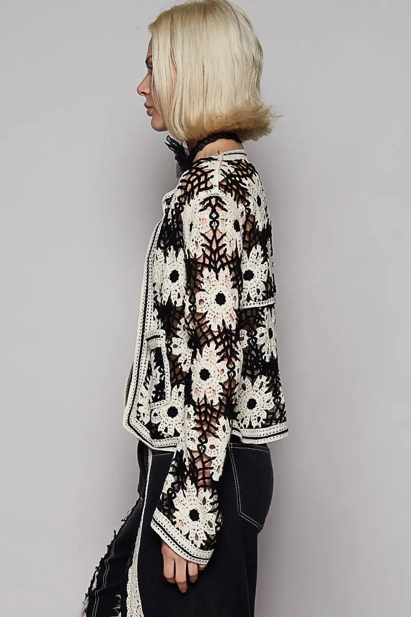 Pol Clothing Inc. Tanya Crochet Cardigan – Cropped Sheer Knit with Mixed Weave Patterns POL CLOTHING, INC