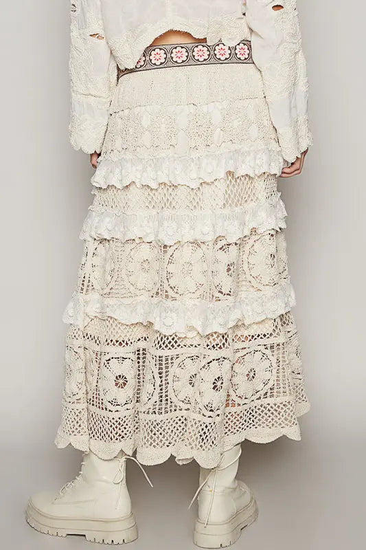 Pol Clothing Inc. Clarissa Woven Skirt – Cotton Crochet Midi with Ruffle Detail POL CLOTHING, INC