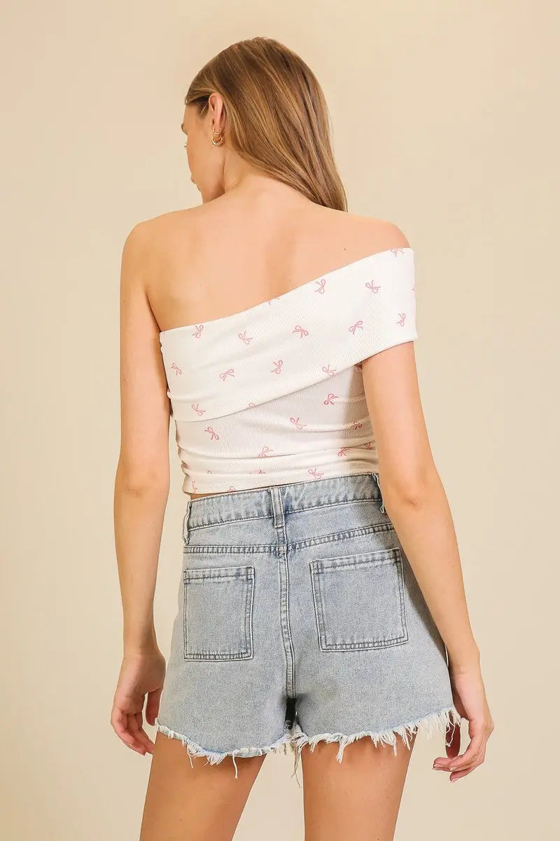 Timing Inc. La Bella Top – One-Shoulder Ribbed Knit with Bow Print TIMING INC