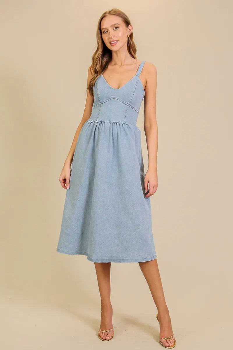 Timing Everleigh Midi Dress – Stretch Denim Fit & Flare Dress TIMING INC