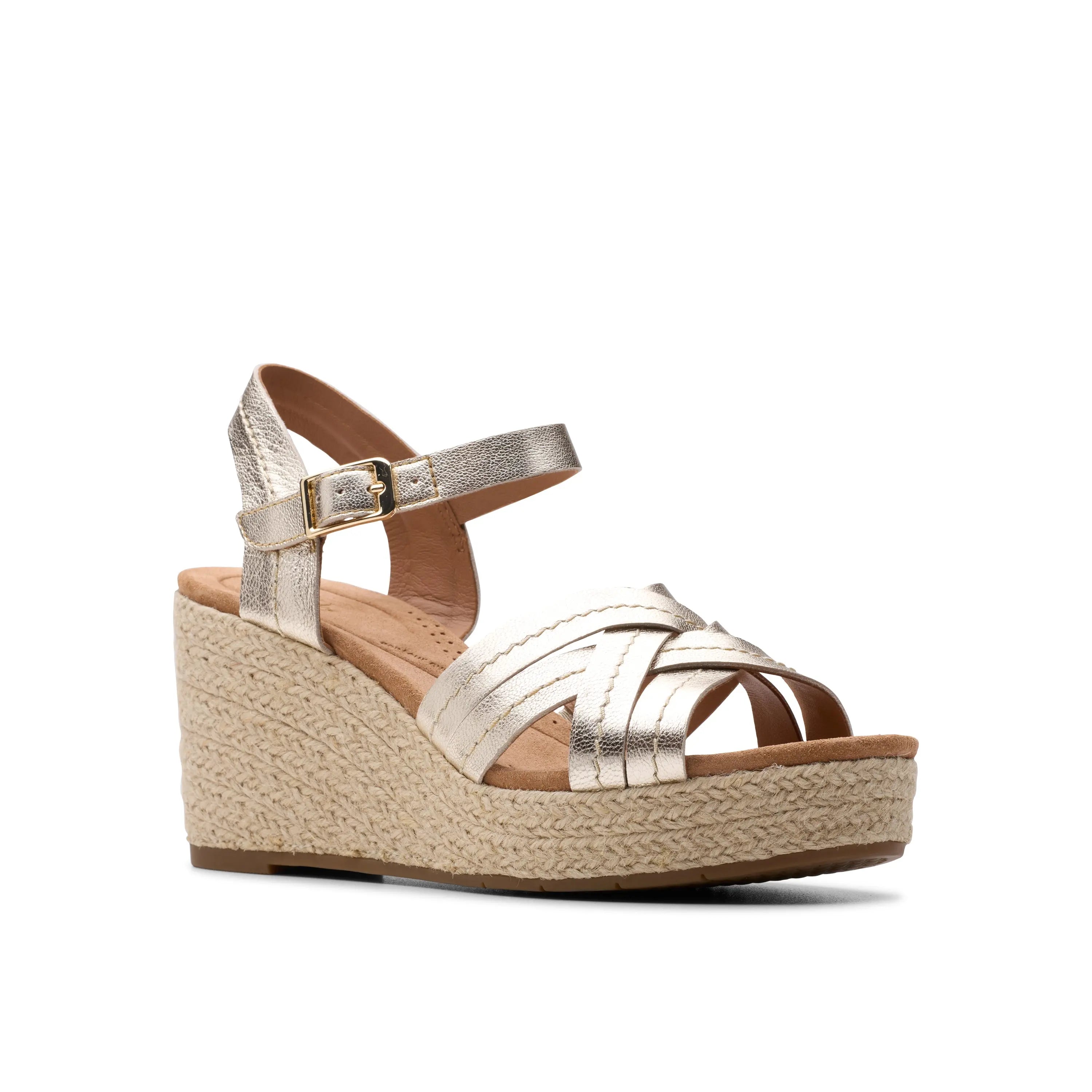 Clarks Sabrina Strap – Leather Wedge Sandal with Contour Cushion Footbed CHAMPAGNE-M-9 CLARKS