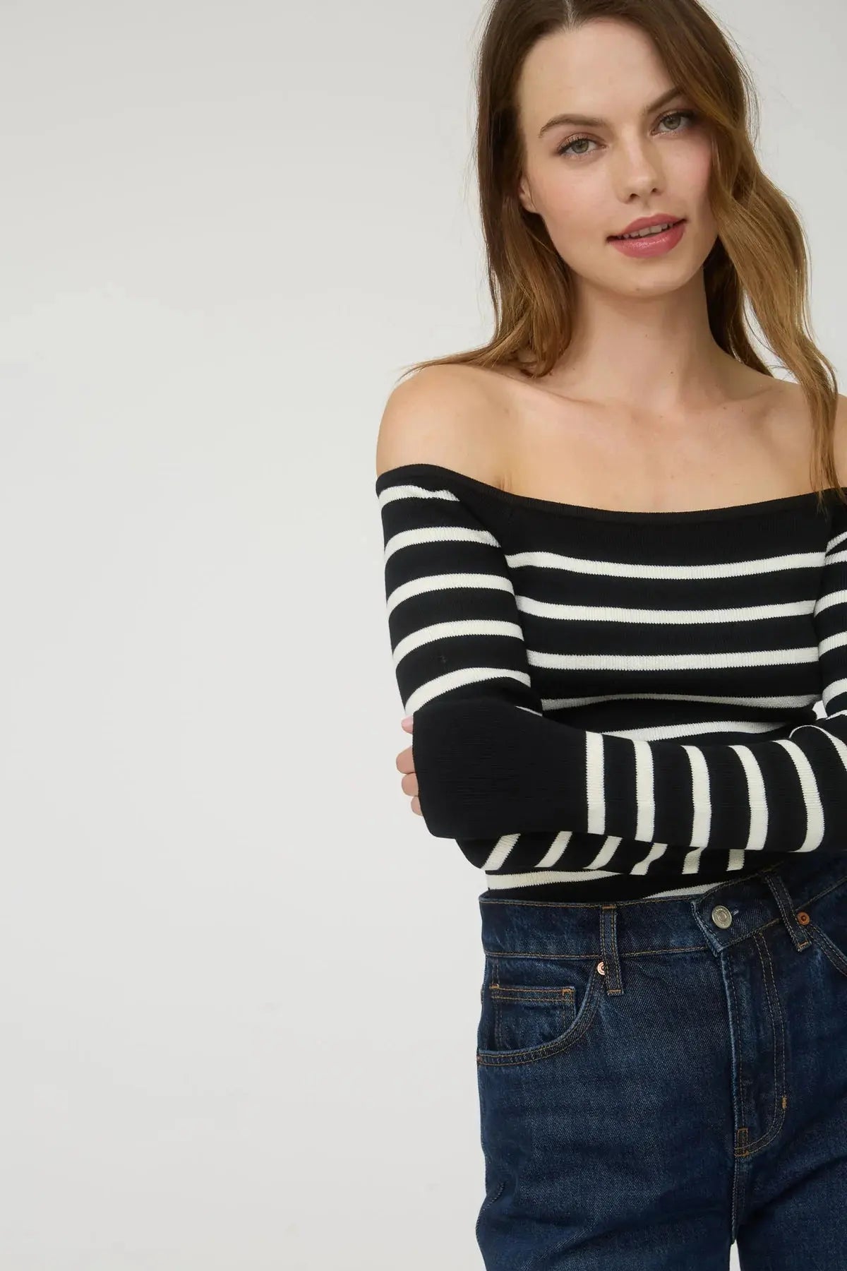 Blu Pepper Striped Cutie Top – Off-Shoulder Ribbed Knit Sweater BLU PEPPER