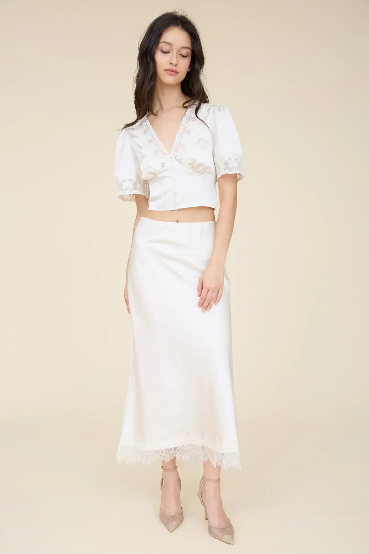 Blu Pepper Enchanted Evening Top – Romantic Satin Crop Top with Lace Trim Product variant