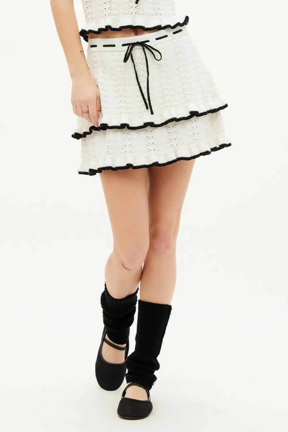 Illa Illa Sweet Life Skirt – Pointelle Knit Ruffle Mini with Contrast Tie ILLA ILLA