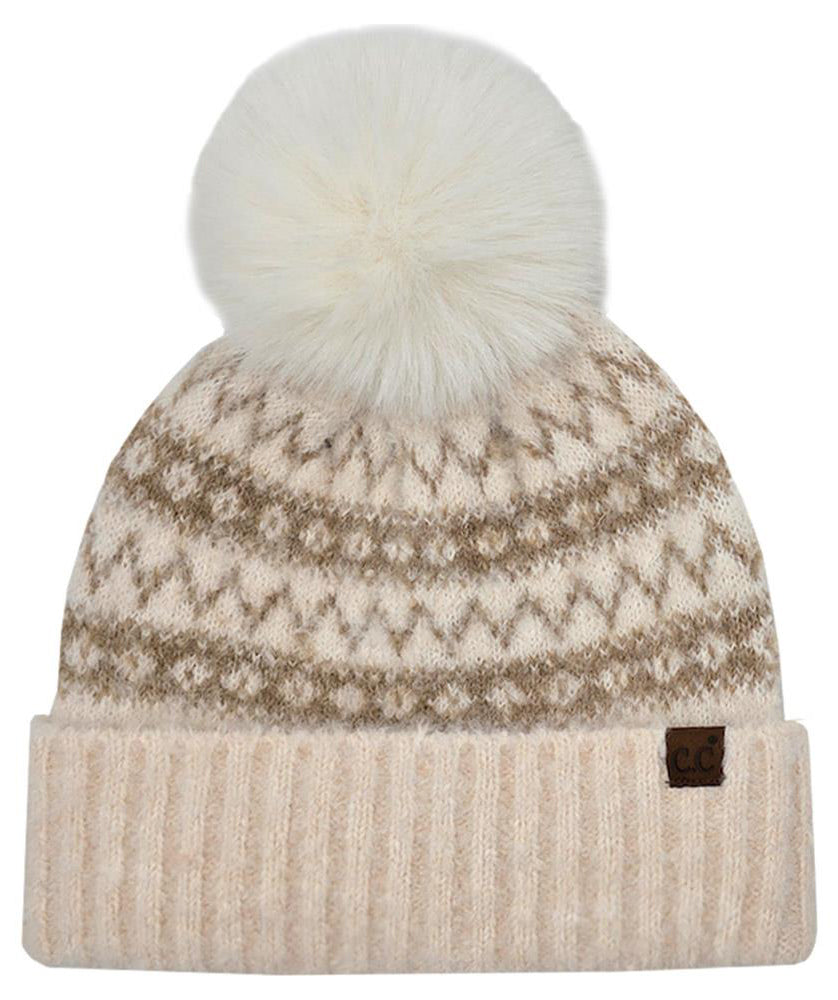 Women’s CC Fair Isle Beanie w/Faux Fur Pom – Warm Winter Style CHEVEUX CORP.