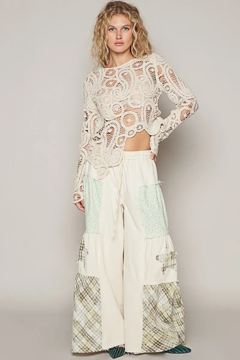 Pol Clothing Inc. Rene Crochet Top – Long Sleeve Cotton Knit with Asymmetrical Hem POL CLOTHING, INC