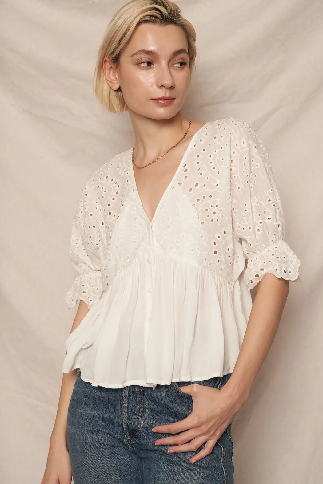 En Crème Sweetheart Daydreamer Top – Cotton Eyelet Puff Sleeve OFFWHITE / L EN CREME