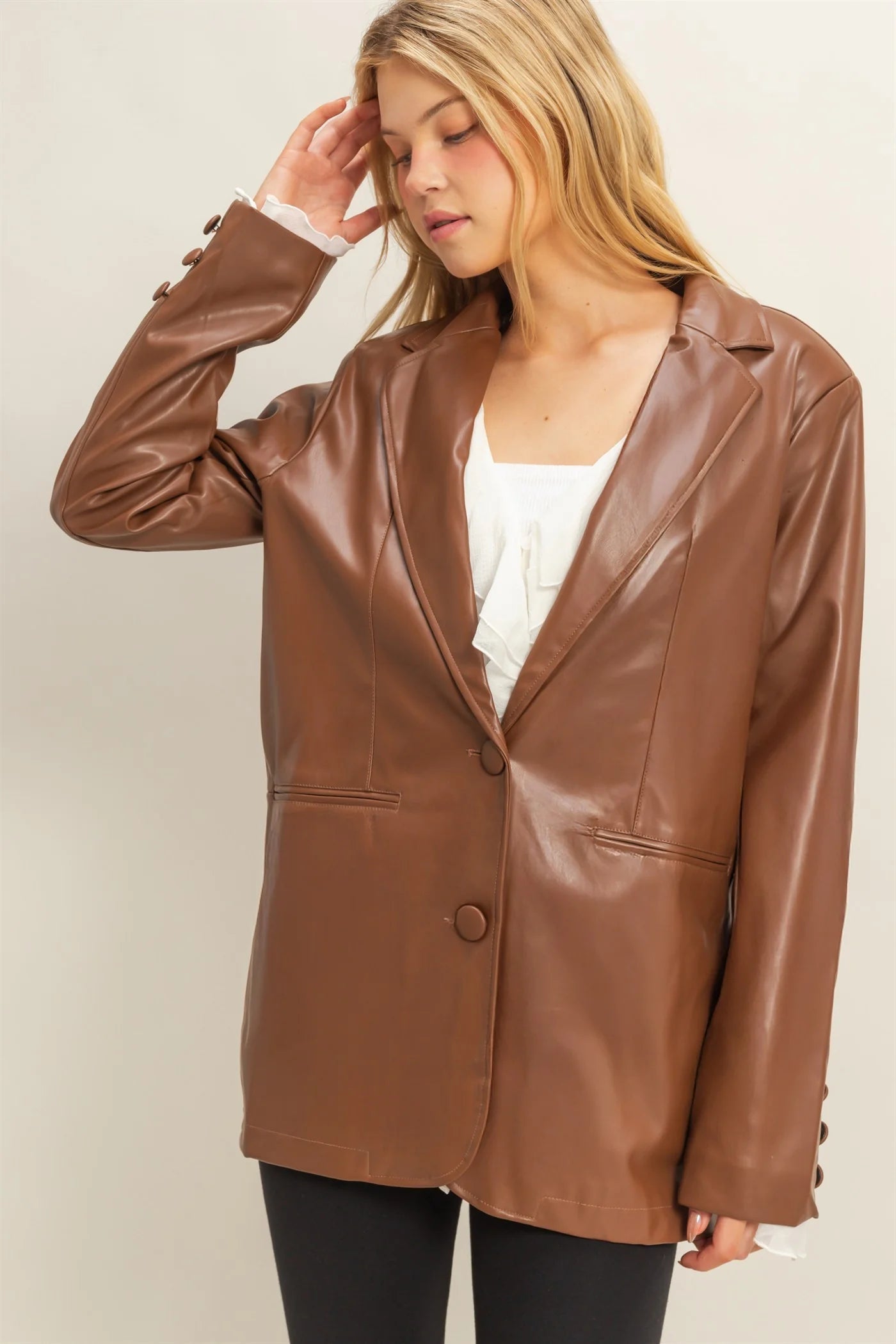 Hyfive Manhattan Nightfall Leather Blazer – Oversized PU Jacket BROWN / L HYFIVE INC