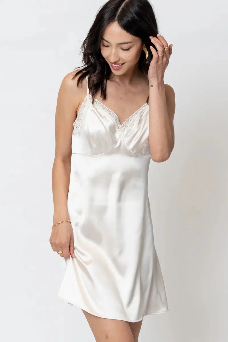 En Crème Summer Escape Dress – Satin Mini Slip with Lace Trim EN CREME