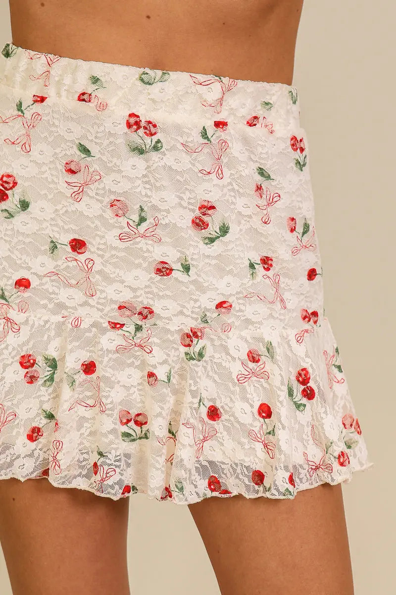 Timing Inc. Cherry Pie Cutie Skirt – High-Waisted Lace Mini with Cherry Embroidery TIMING INC