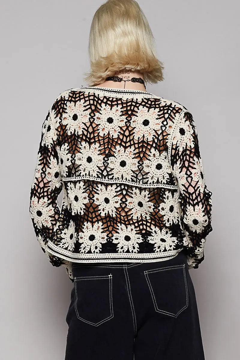 Pol Clothing Inc. Tanya Crochet Cardigan – Cropped Sheer Knit with Mixed Weave Patterns POL CLOTHING, INC