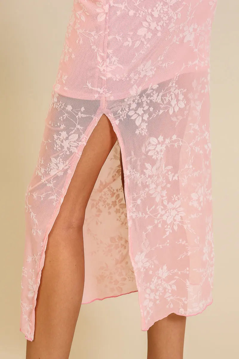 Timing Inc. Mind On Vacation Mode Skirt – Sheer Floral Midi with Side Slit TIMING INC