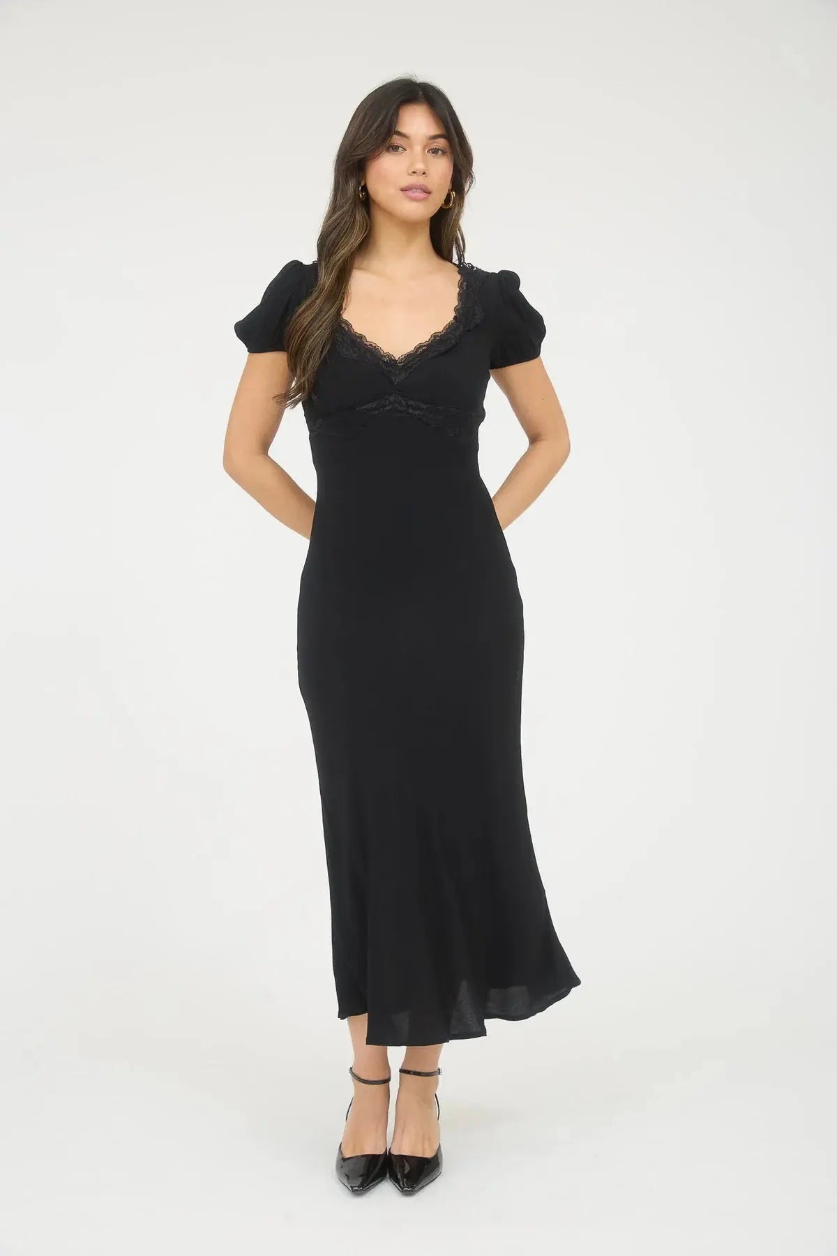 Blu Pepper Dreaming Of You Dress – Puff Sleeve Midi with Lace Trim BLU PEPPER