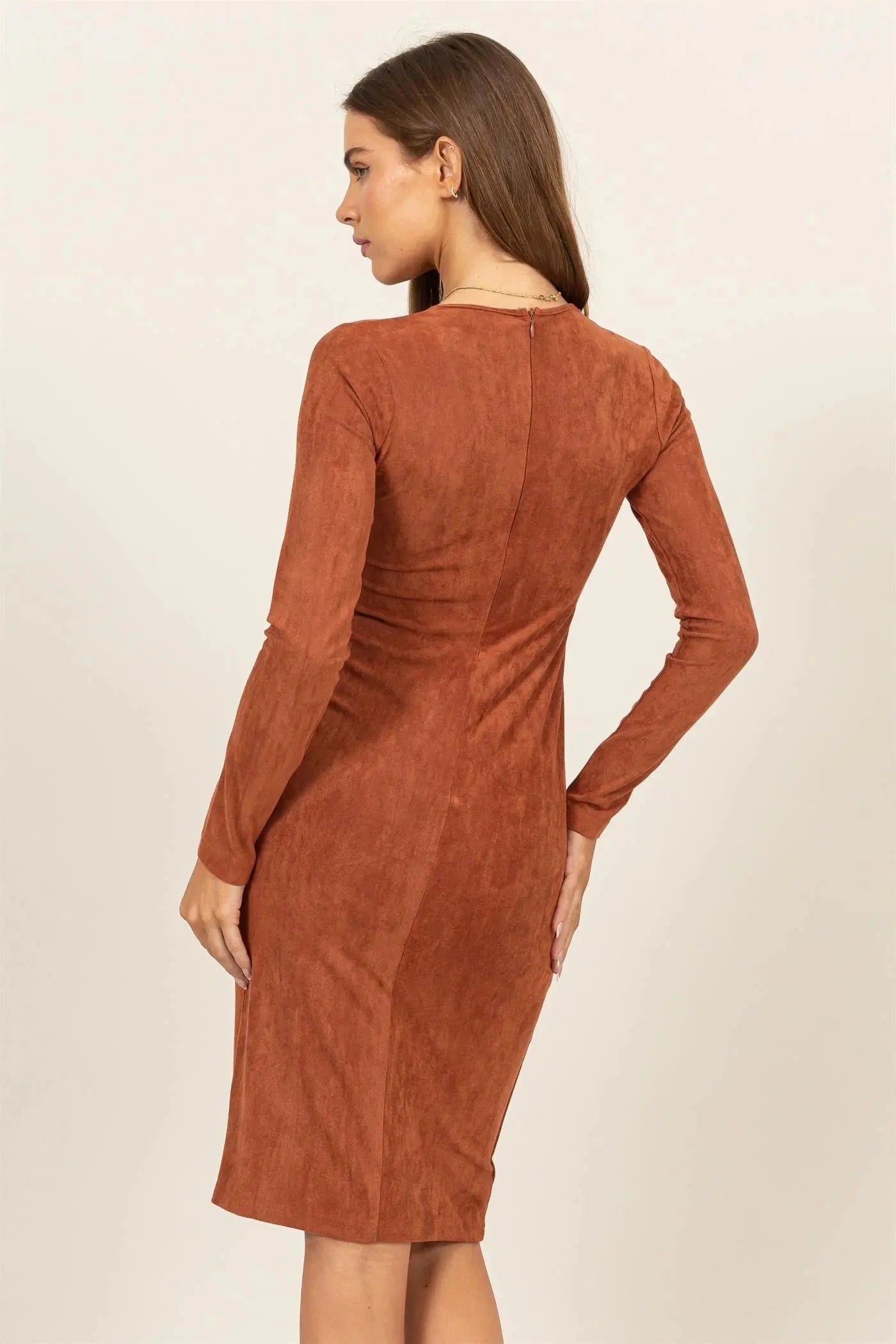 Hyfive Ember Midi Dress – Suede Stretch V-Neck Slit Dress HYFIVE INC