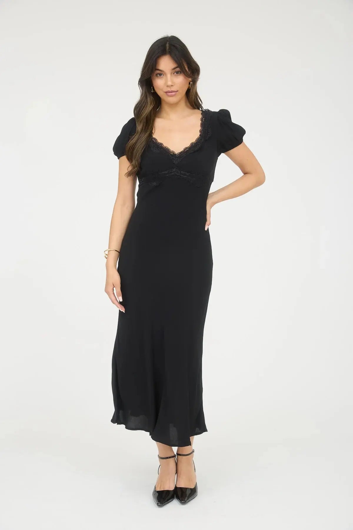 Blu Pepper Dreaming Of You Dress – Puff Sleeve Midi with Lace Trim BLACK-L BLU PEPPER