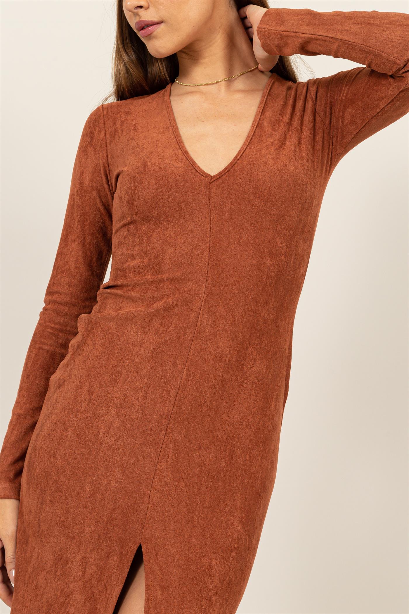 Hyfive Ember Midi Dress – Suede Stretch V-Neck Slit Dress HYFIVE INC