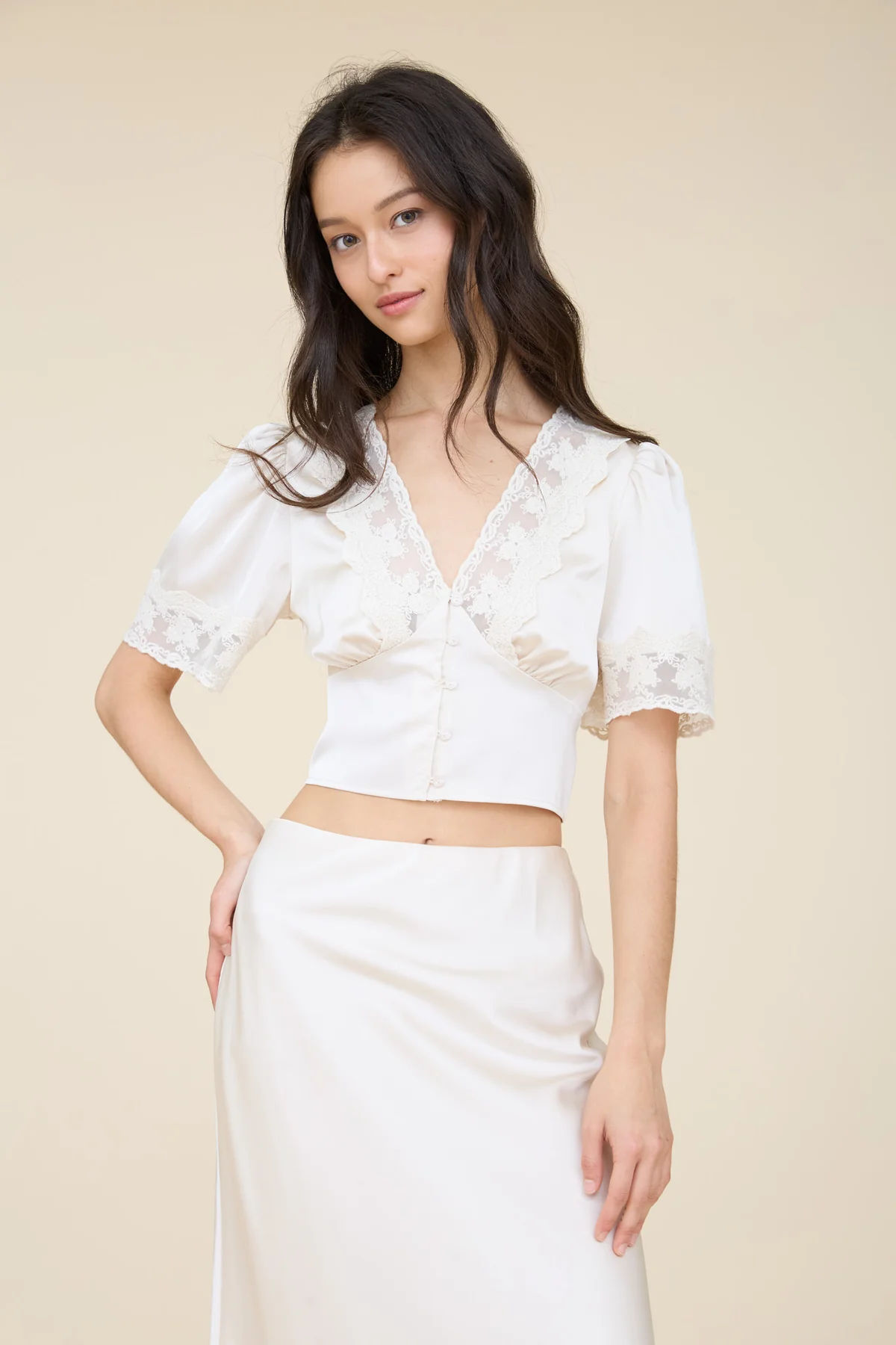 Blu Pepper Enchanted Evening Top – Romantic Satin Crop Top with Lace Trim