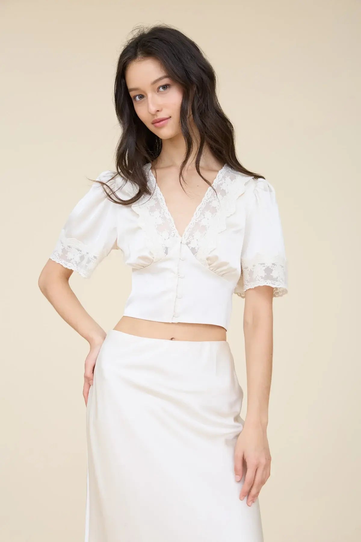 Blu Pepper Enchanted Evening Top – Romantic Satin Crop Top with Lace Trim Product variant