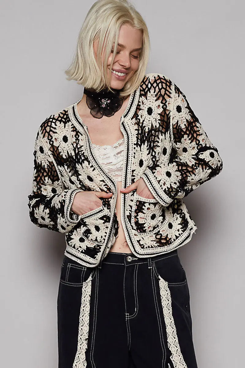 Pol Clothing Inc. Tanya Crochet Cardigan – Cropped Sheer Knit with Mixed Weave Patterns POL CLOTHING, INC