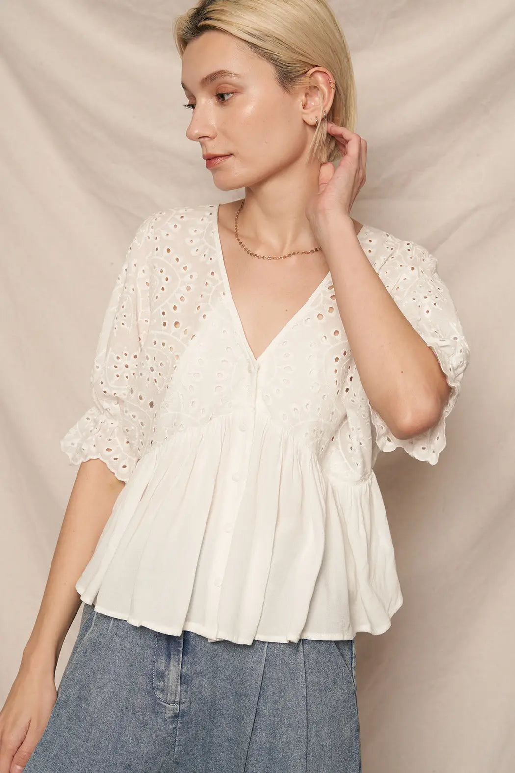 En Crème Sweetheart Daydreamer Top – Cotton Eyelet Puff Sleeve EN CREME