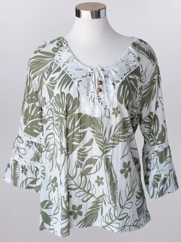 Keren Hart Palm Haven Blouse – Tropical Print Lace Trim Top KEREN HART