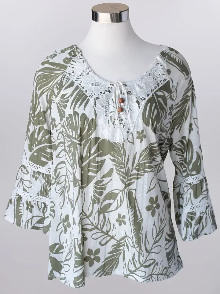 Keren Hart Palm Haven Blouse – Tropical Print Lace Trim Top KEREN HART