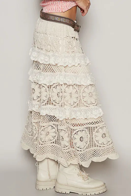 Pol Clothing Inc. Clarissa Woven Skirt – Cotton Crochet Midi with Ruffle Detail POL CLOTHING, INC