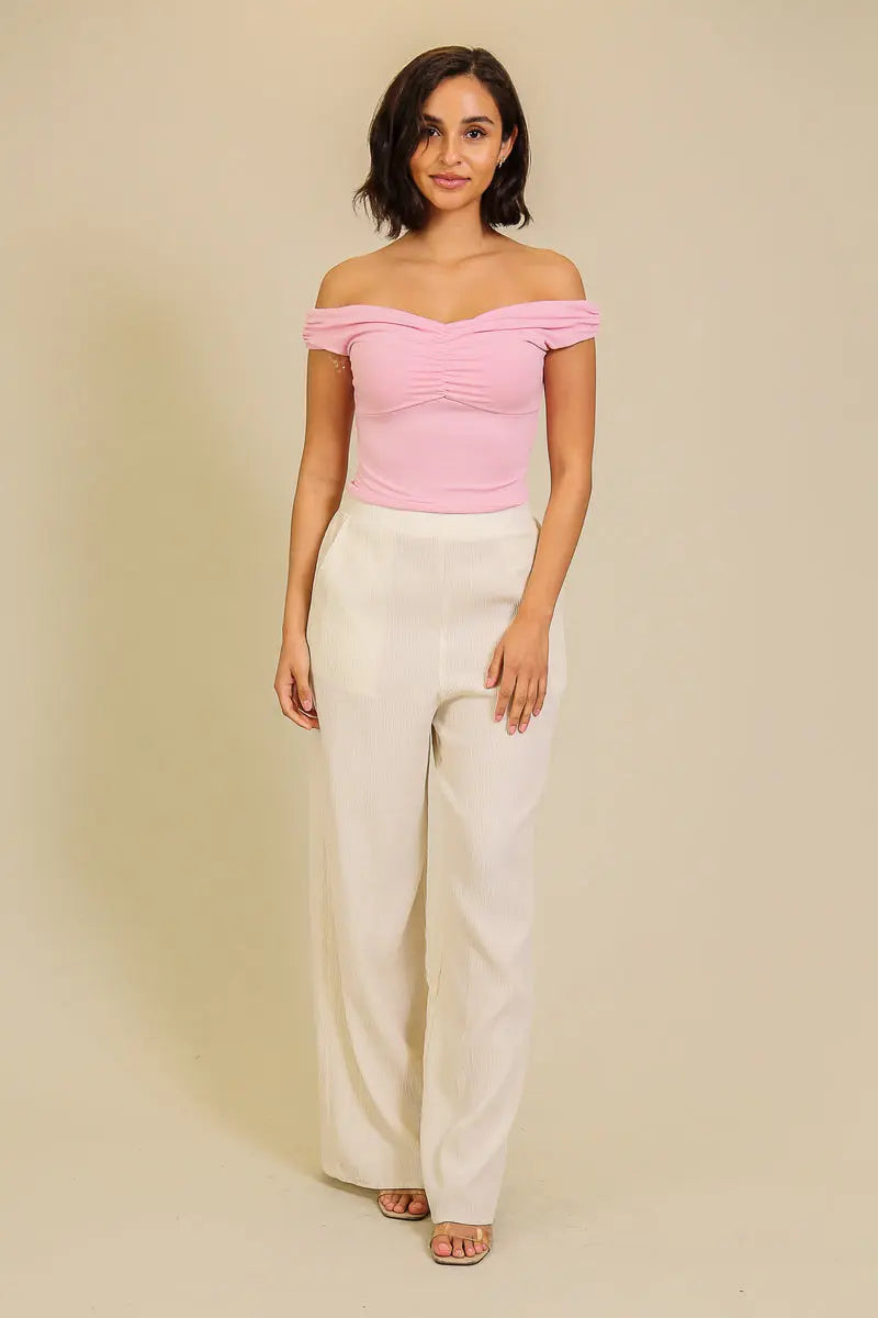 Timing Inc. Santa Monica Top – Off-Shoulder Ruched Knit with Bra Seam Detail TIMING INC