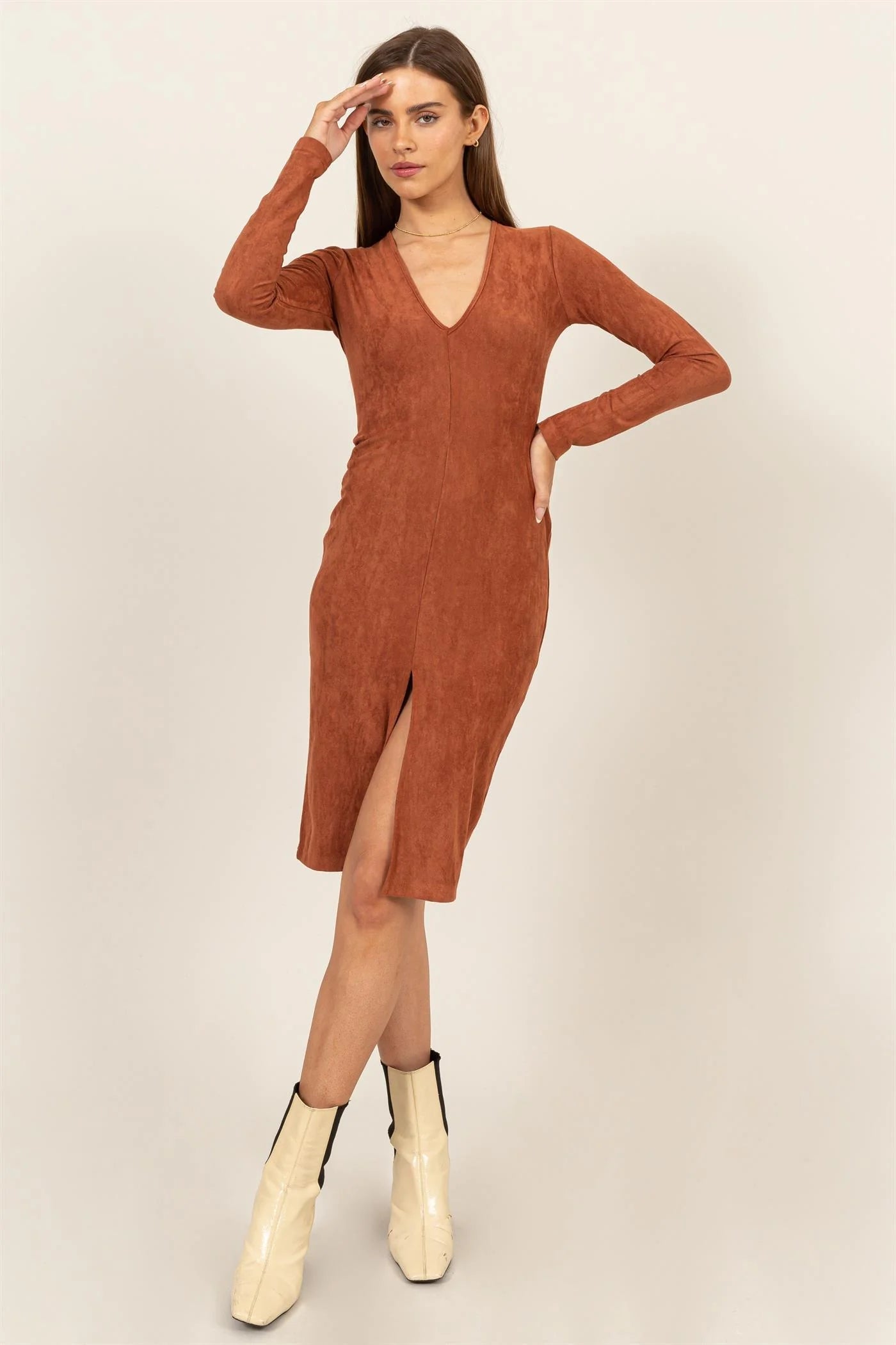 Hyfive Ember Midi Dress – Suede Stretch V-Neck Slit Dress HYFIVE INC