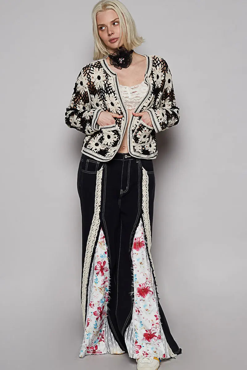 Pol Clothing Inc. Tanya Crochet Cardigan – Cropped Sheer Knit with Mixed Weave Patterns POL CLOTHING, INC