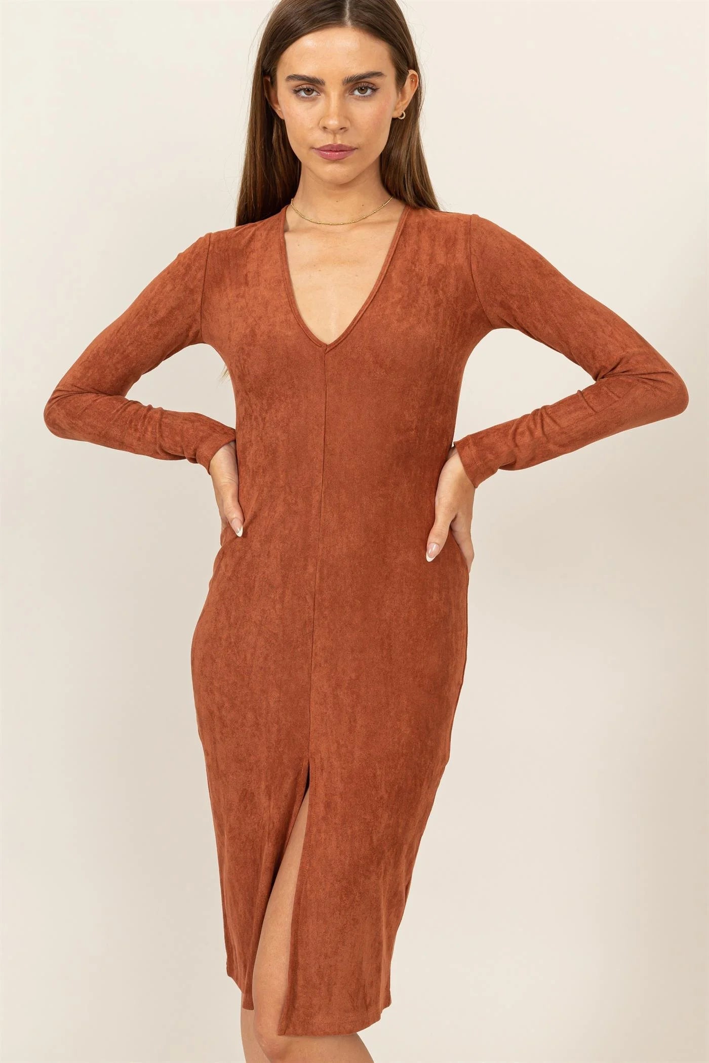 Hyfive Ember Midi Dress – Suede Stretch V-Neck Slit Dress CAMEL / L HYFIVE INC