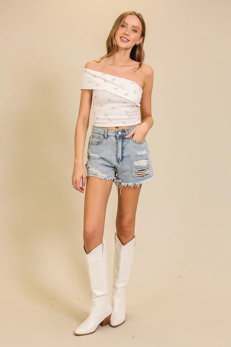 Timing Inc. La Bella Top – One-Shoulder Ribbed Knit with Bow Print TIMING INC