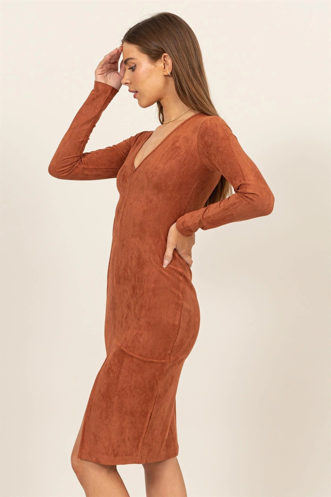 Hyfive Ember Midi Dress – Suede Stretch V-Neck Slit Dress HYFIVE INC
