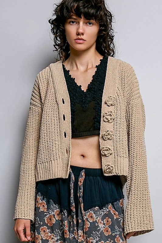 Pol Clothing Meadow Bloom Cardigan – Soft Chenille Knit with Exaggerated Buttons