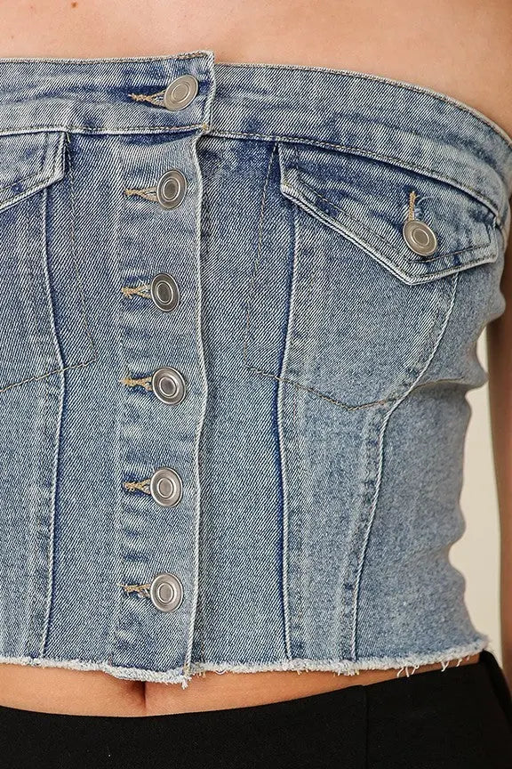 Timing Inc. Denim Darlin’ Corset – Strapless Button-Down Denim Bustier Top TIMING INC