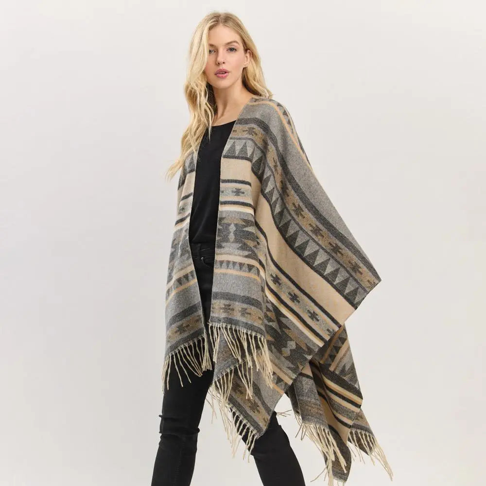 Joia Accessories Lucy Aztec Pattern Fringe Shaw Sweater – Boho Chic & Cozy JOIA TRADING CO.