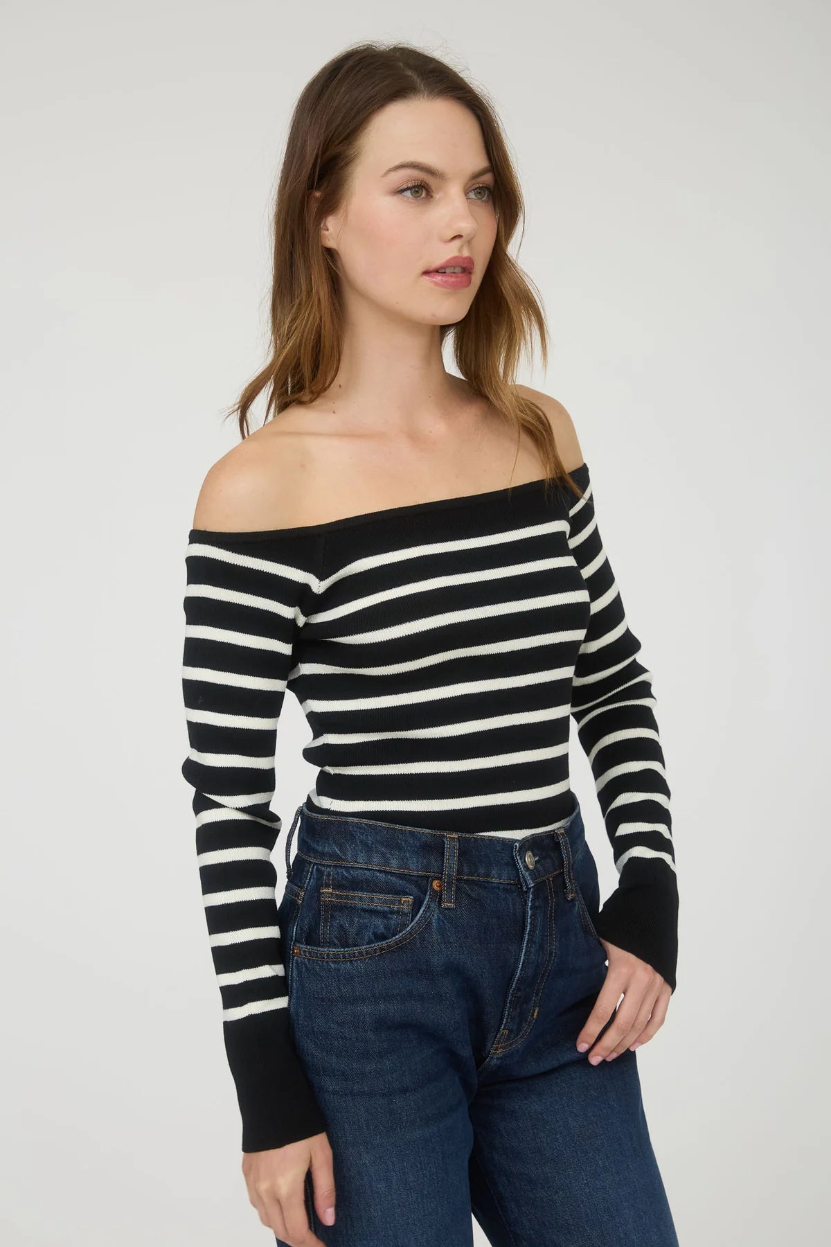 Blu Pepper Striped Cutie Top – Off-Shoulder Ribbed Knit Sweater BLU PEPPER